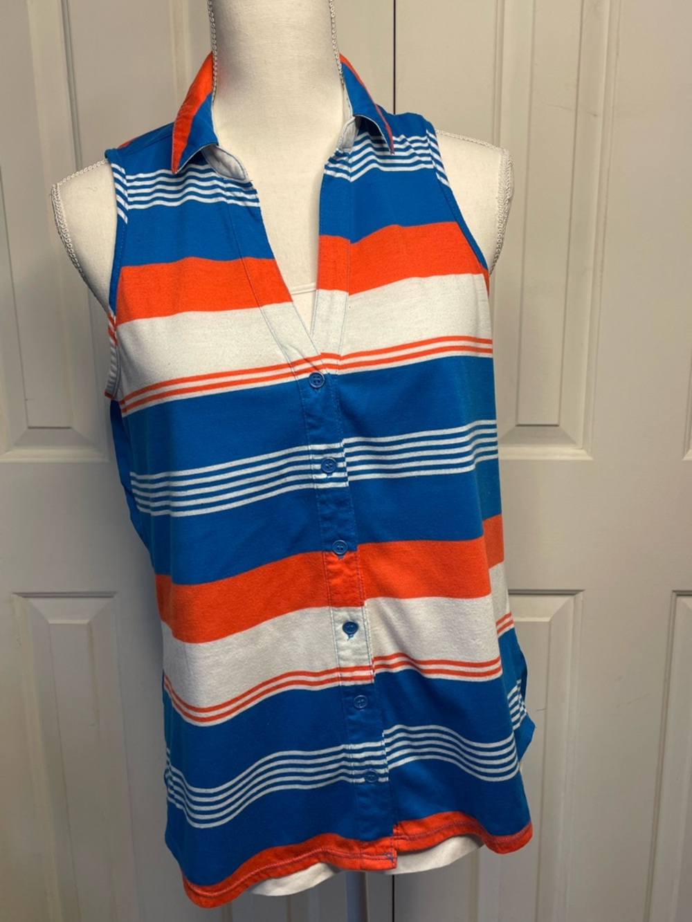 Maurices Striped Collared Button-Front Top in Orange, Blue & White
